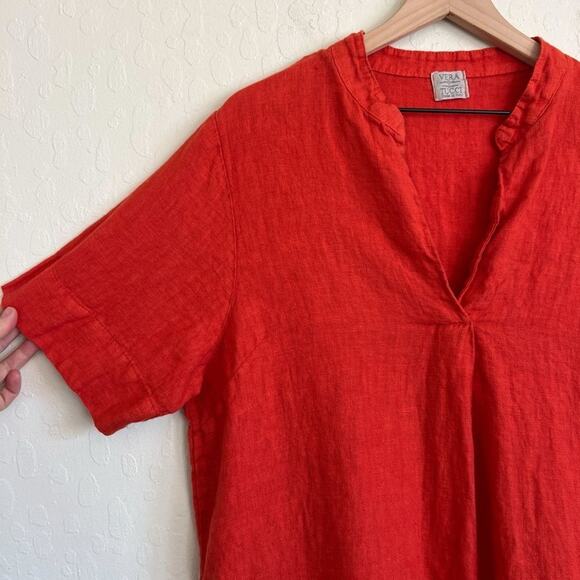 Vera Tucci Made in Italy 100% Linen Short Sleeve V-Neck Popover Dress Orange - Picture 3 of 7